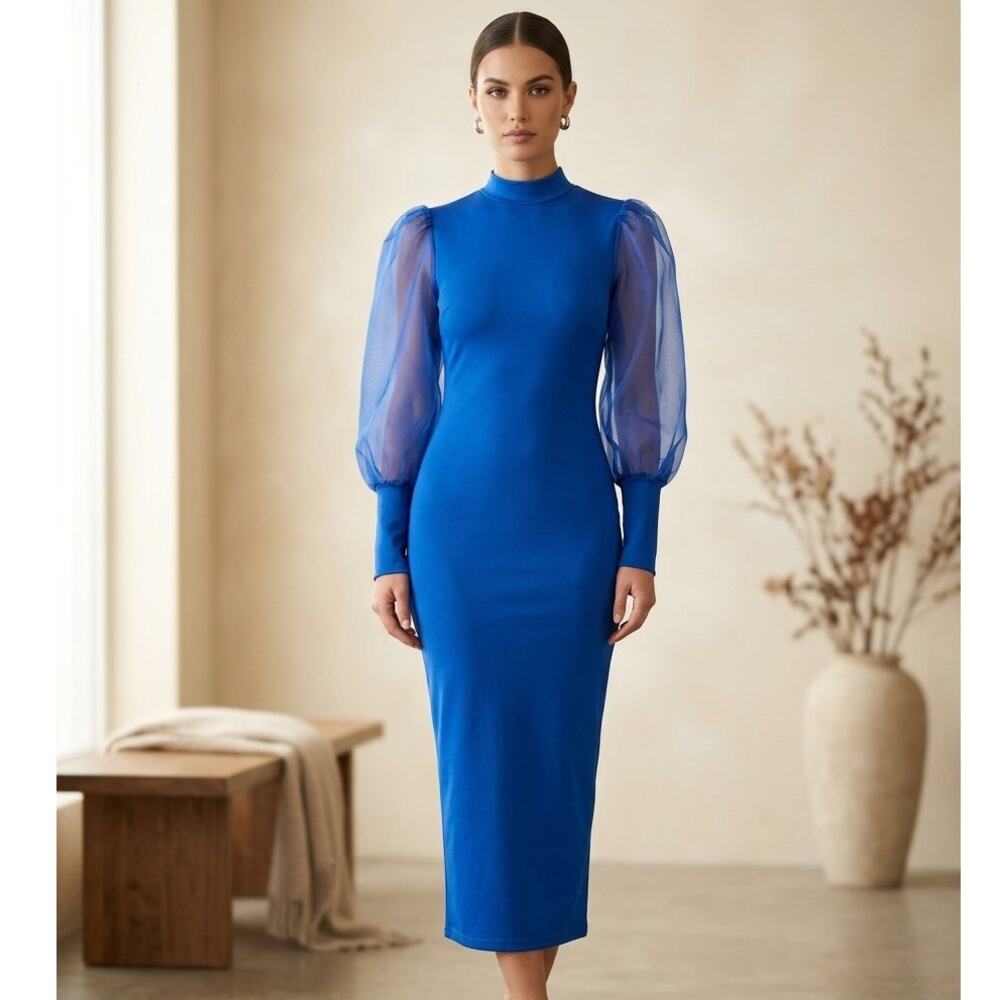 Partywear Midi Bodycon Dress Womens S Lyaner Royal Blue Mesh Puff Sleeve NWOT